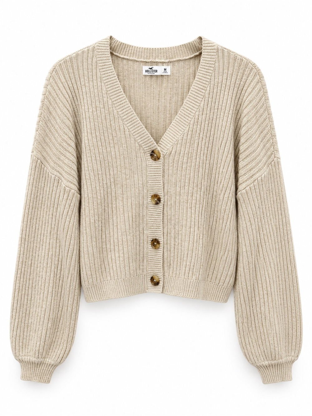 Hollister Cropped Ribbed V-Neck Button-Front Cardigan in Light Beige